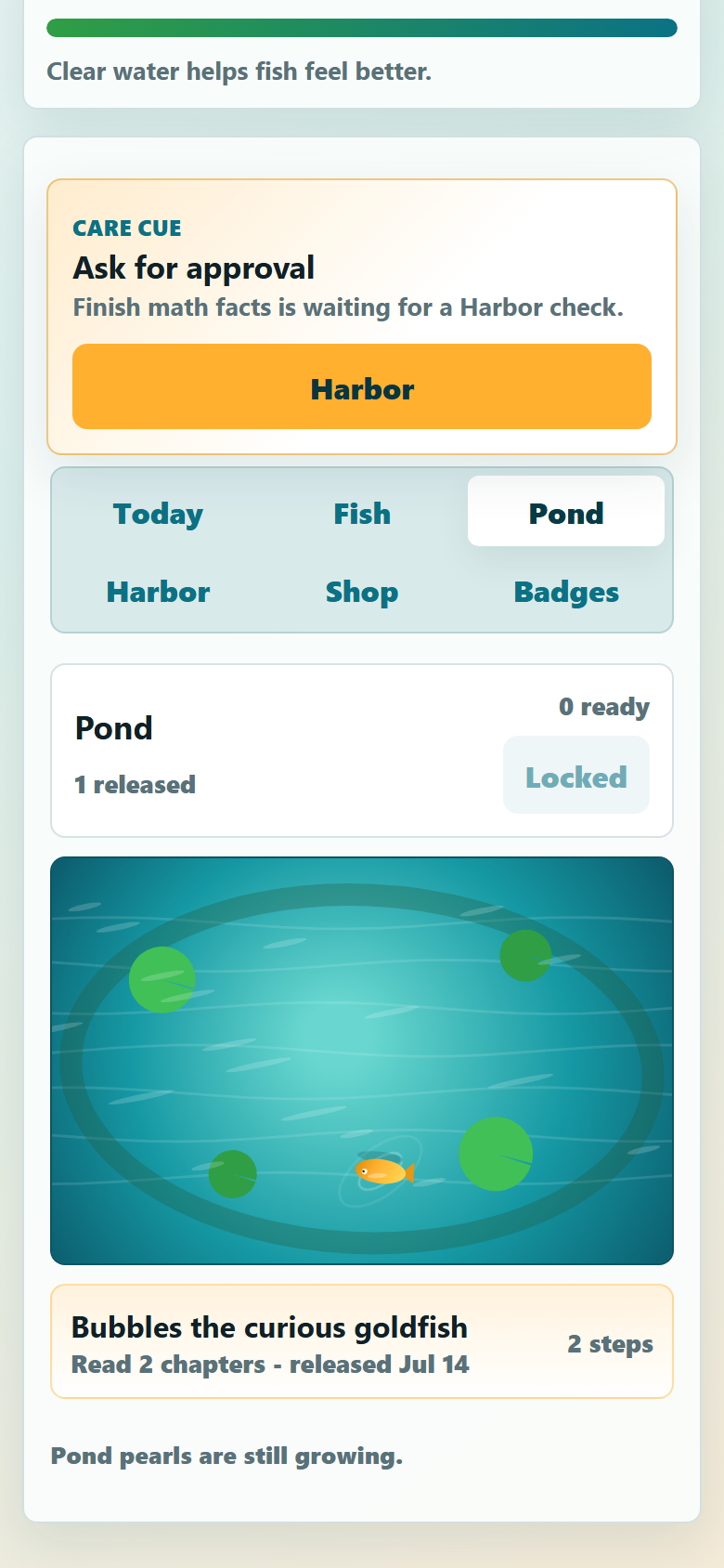 GoalFish pond showing a released goal fish earning pearls